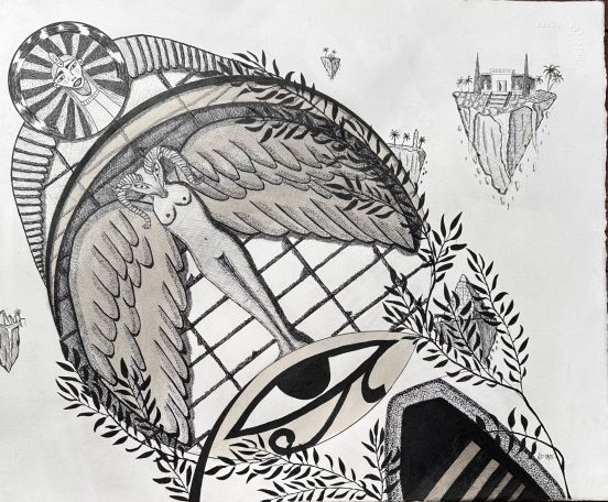Illustration d'une figure ailée entourée de motifs géométriques et de symboles mystiques.