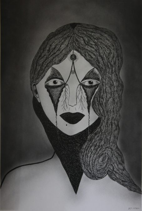 Portrait stylisé d'une femme avec des traits anguleux, des larmes noires et des couleurs sombres.
