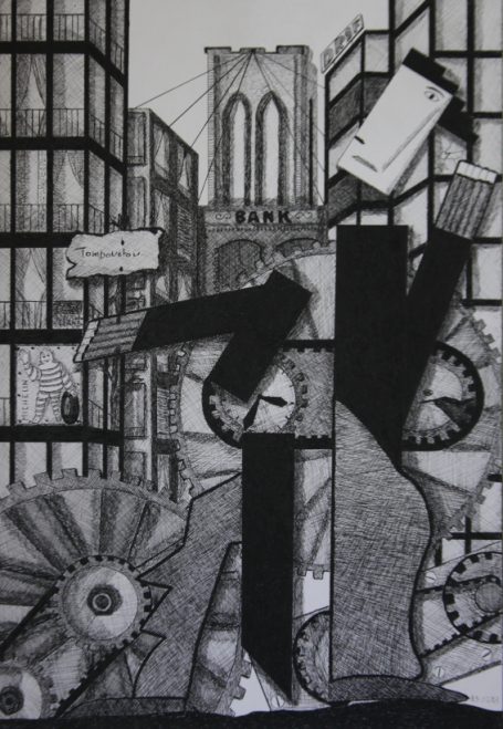 Composition artistique mêlant éléments urbains, structures géométriques et un pont en arrière-plan.