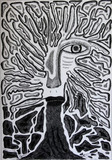 Visage stylisé avec des formes abstraites et un œil central, en noir et blanc.