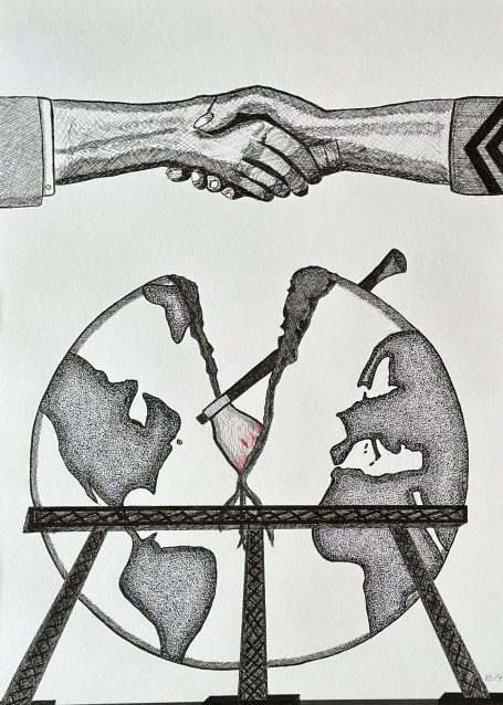 Poignée de main au-dessus d'un globe terrestre avec des outils de peinture.