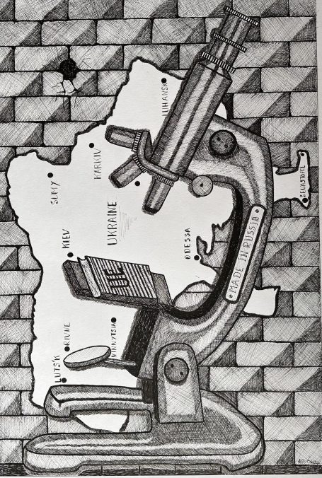 Microscope sur fond de carte, symbolisant la recherche et la découverte scientifique.