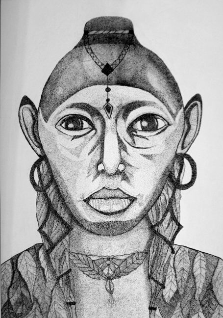 Portrait d'une personne avec des traits distinctifs et des bijoux traditionnels.