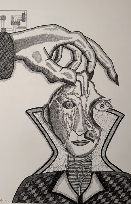 Main en haut sur un visage stylisé, formes géométriques et expression abstraite.