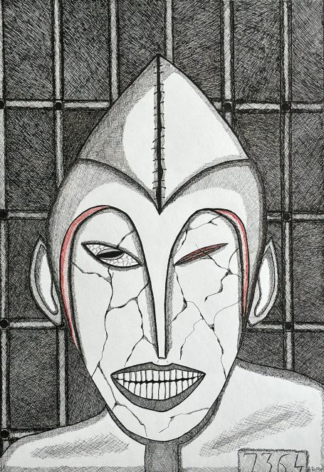 Visage stylisé avec des traits géométriques, lignes craquelées et fond de barres.
