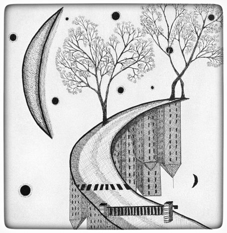 Un chemin courbe avec des arbres, des immeubles, une lune et des étoiles.