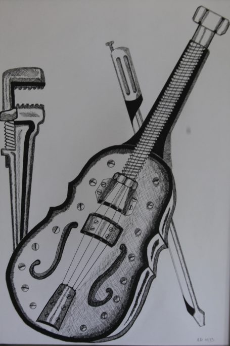 Violon stylisé en noir et blanc, avec des éléments graphiques mécaniques.